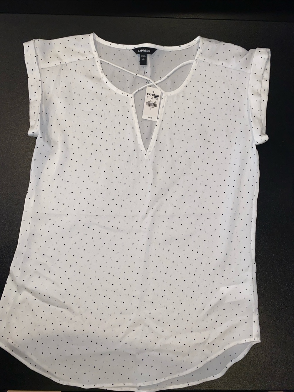 Express White Dot Cap-Sleeve Keyhole Blouse